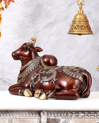 Brassaura® Pure Brass Nandi Statue | Dual Tone Antique Brown & Gold Finish | Sacred Nandi Bull Idol for Home Temple, Pooja Room & Spiritual Décor | 12 Inch | 14.24 Kg