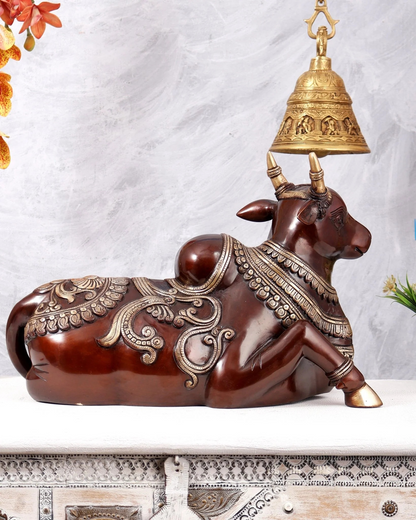 Brassaura® Pure Brass Nandi Statue | Dual Tone Antique Brown & Gold Finish | Sacred Nandi Bull Idol for Home Temple, Pooja Room & Spiritual Décor | 12 Inch | 14.24 Kg