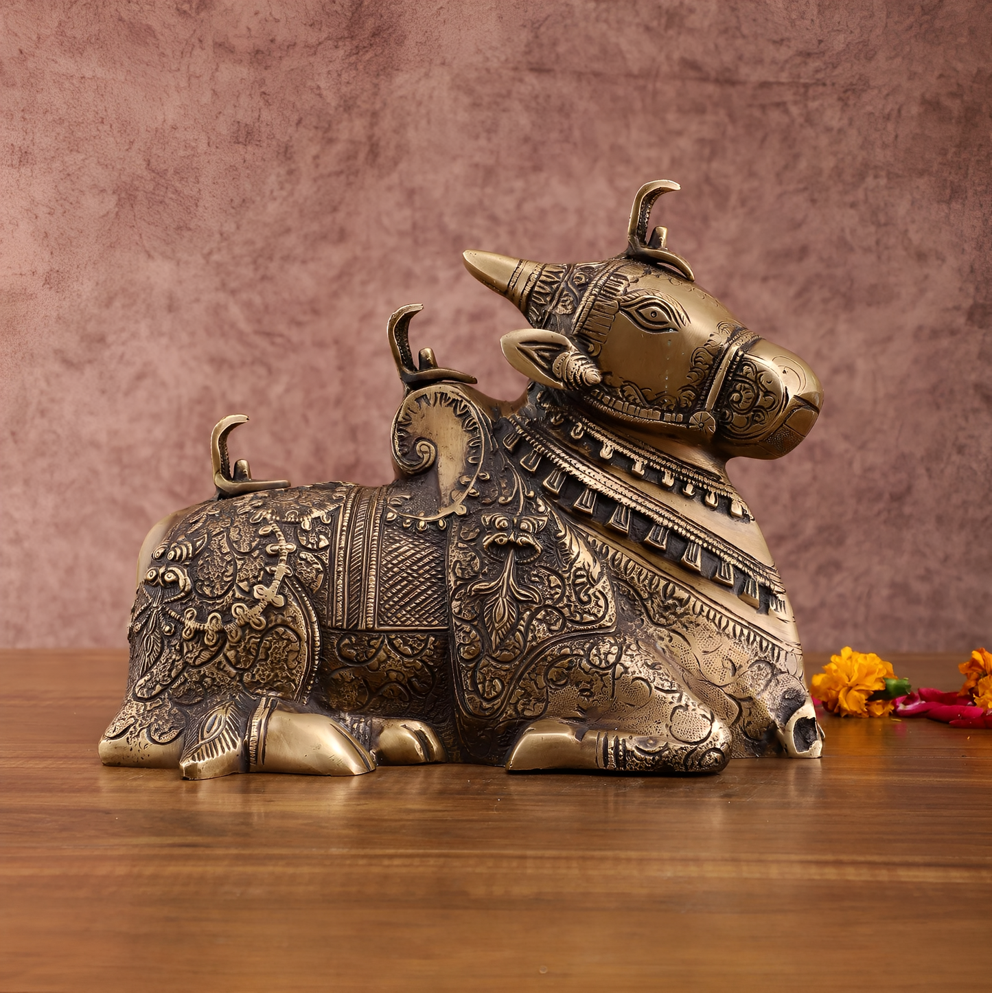 Brassaura™ Pure Brass Fully Carved Nandi – Height 8 Inches & Weight 5.5 Kgs | Matte Gold Finish Sculpture