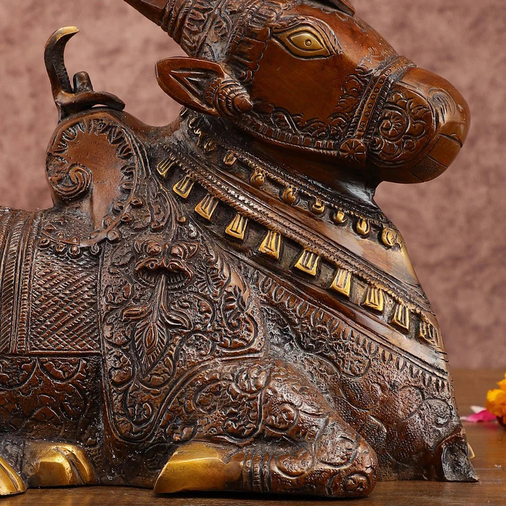 Brassaura™ Pure Brass Nandi Statue – Height 8 Inches & Weight 5.5 Kgs | Vintage Bronze Tone