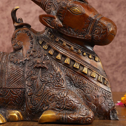 Brassaura™ Pure Brass Nandi Statue – Height 8 Inches & Weight 5.5 Kgs | Vintage Bronze Tone