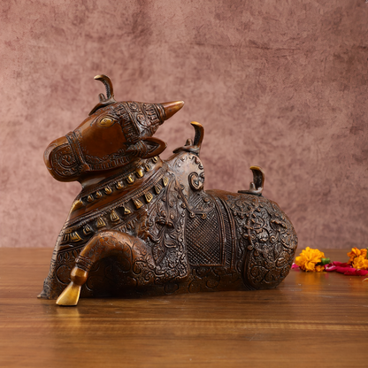 Brassaura™ Pure Brass Nandi Statue – Height 8 Inches & Weight 5.5 Kgs | Vintage Bronze Tone