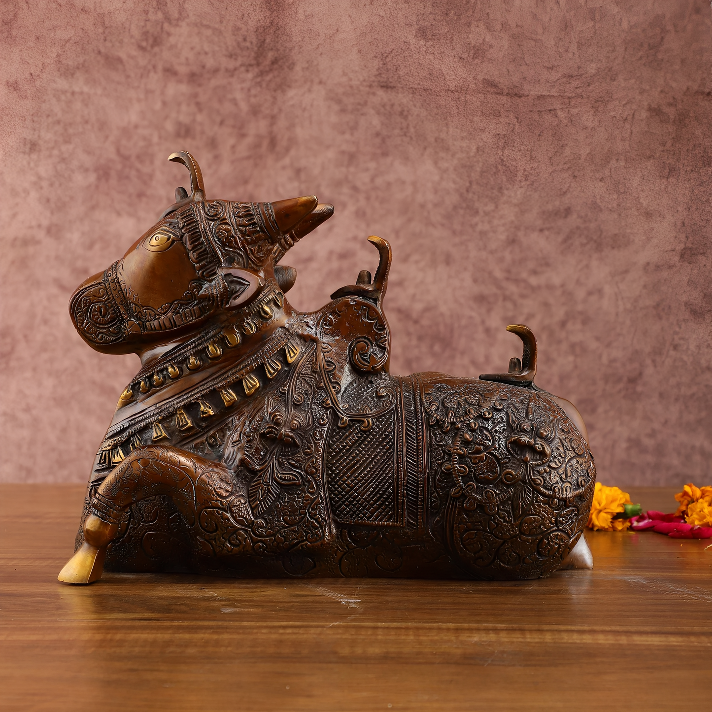 Brassaura™ Pure Brass Nandi Statue – Height 8 Inches & Weight 5.5 Kgs | Vintage Bronze Tone