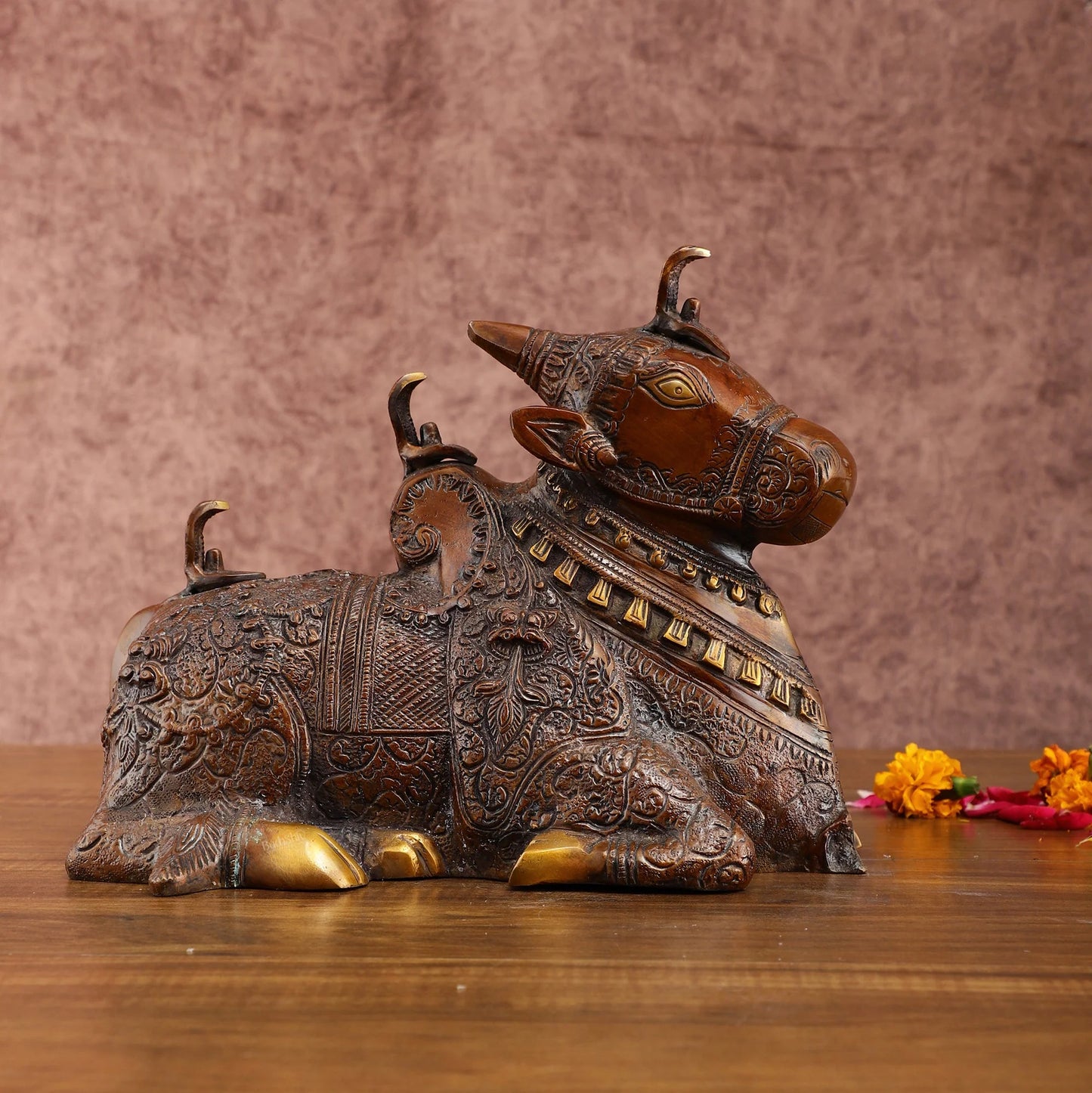 Brassaura™ Pure Brass Nandi Statue – Height 8 Inches & Weight 5.5 Kgs | Vintage Bronze Tone