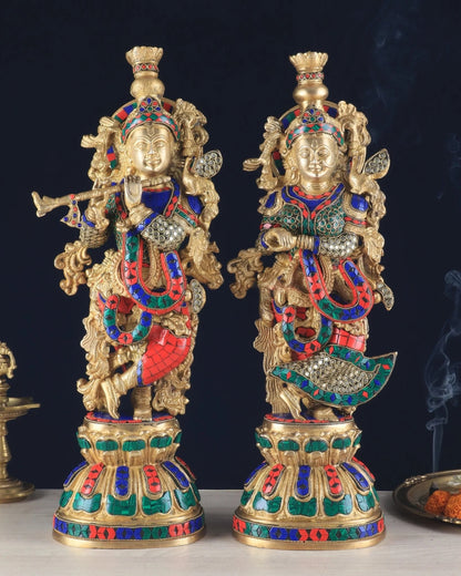 Brassaura™ Pure Brass Radha Krishna Statue with Rings & Natural Stones – Height 21 Inches & Weight 18 Kgs | Devotional Idol