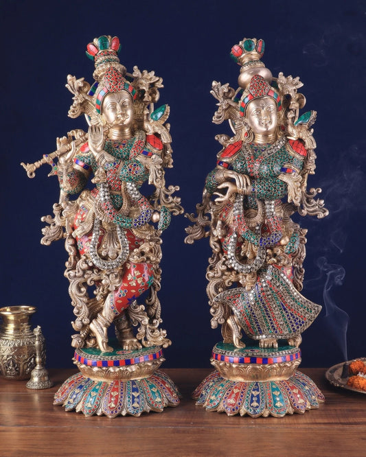 Brassaura™ Pure Brass Radha Krishna Statue with Triple-Layered Meenakari – Height 27 Inches & Weight 40 Kgs | Majestic Devotional Idol