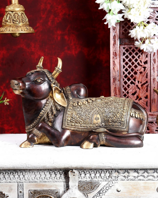Brassaura® Brass Nandi Bull Idol with Dual Brown Gold Finish | Handcrafted Sacred Nandi Statue for Home Temple, Shiva Altar & Spiritual Décor | Length 14 Inches | Weight 10 Kgs