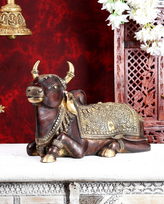 Brassaura® Brass Nandi Bull Idol with Dual Brown Gold Finish | Handcrafted Sacred Nandi Statue for Home Temple, Shiva Altar & Spiritual Décor | Length 14 Inches | Weight 10 Kgs