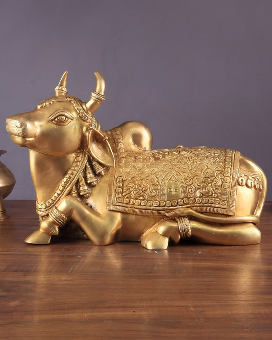 Brassaura™ Pure Brass Superfine Nandi with Shiv Ling Carving – Height 10 Inches & Weight 10 Kgs | Divine Home & Temple Décor