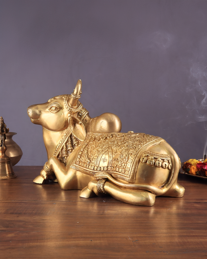 Brassaura™ Pure Brass Superfine Nandi with Shiv Ling Carving – Height 10 Inches & Weight 10 Kgs | Divine Home & Temple Décor