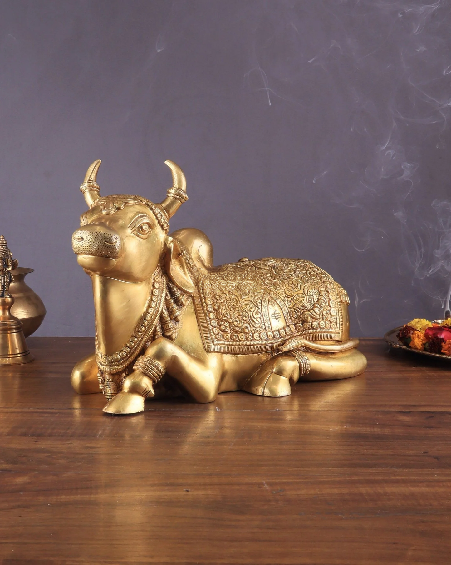Brassaura™ Pure Brass Superfine Nandi with Shiv Ling Carving – Height 10 Inches & Weight 10 Kgs | Divine Home & Temple Décor