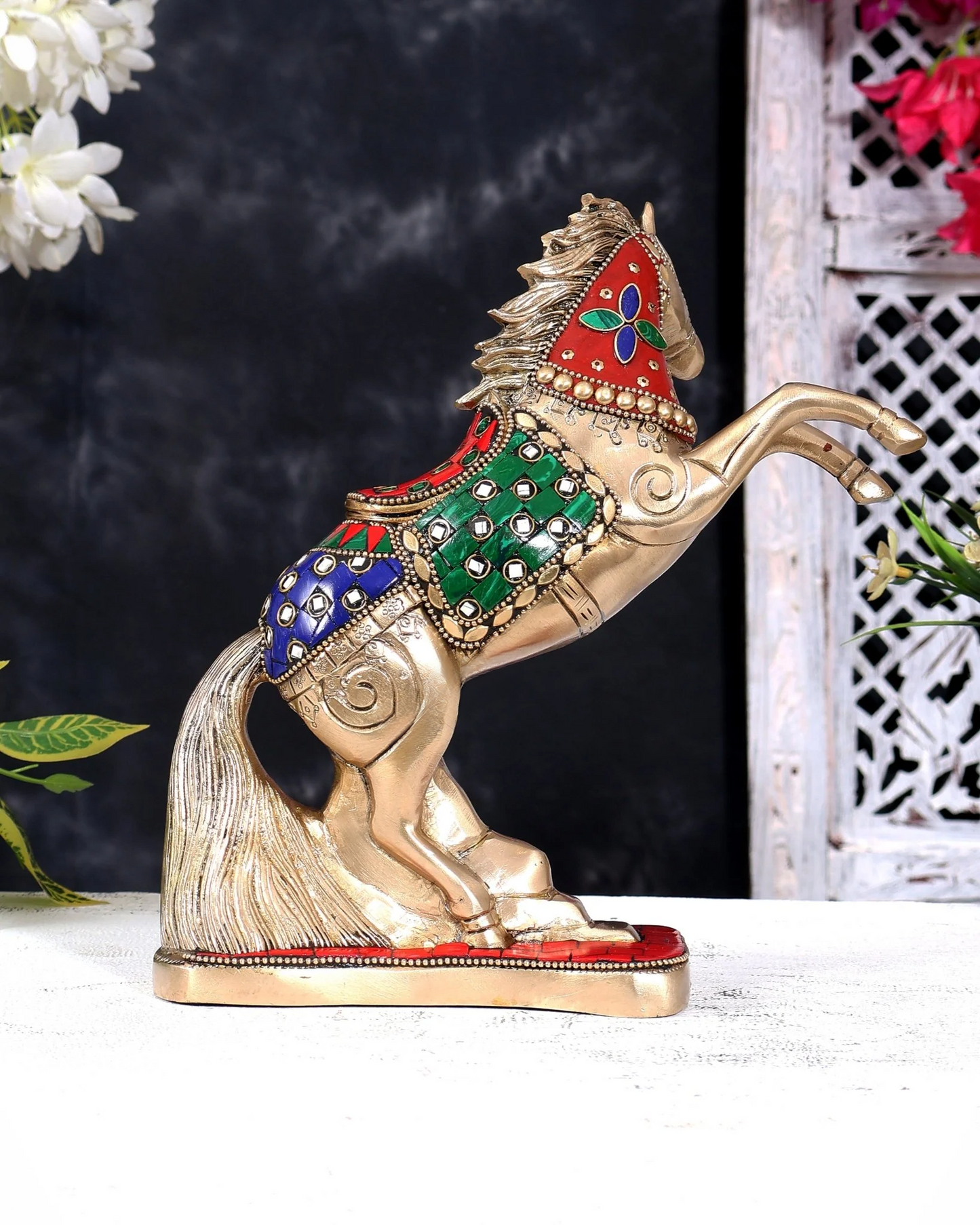 Brassaura® Jumping Horse Vastu Feng Shui Showpiece with Stonework and Pure Brass Finish | Pure Superfine Brass Handcrafted Murti | Brass Statue for Home Temple, Pooja Room | Height 8.5 Inches | Weight 2.36 Kgs