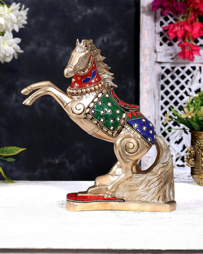 Brassaura® Jumping Horse Vastu Feng Shui Showpiece with Stonework and Pure Brass Finish | Pure Superfine Brass Handcrafted Murti | Brass Statue for Home Temple, Pooja Room | Height 8.5 Inches | Weight 2.36 Kgs