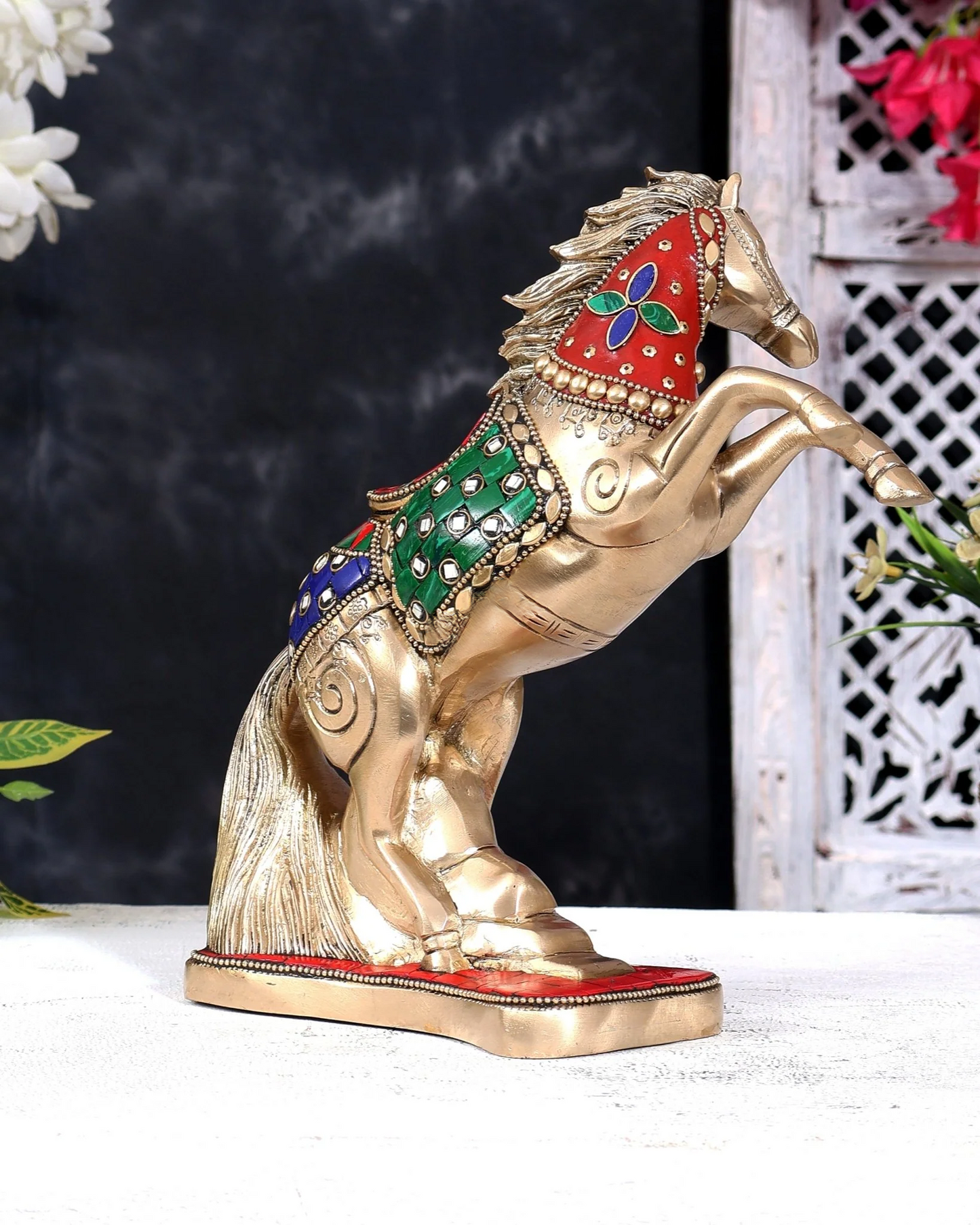 Brassaura® Jumping Horse Vastu Feng Shui Showpiece with Stonework and Pure Brass Finish | Pure Superfine Brass Handcrafted Murti | Brass Statue for Home Temple, Pooja Room | Height 8.5 Inches | Weight 2.36 Kgs