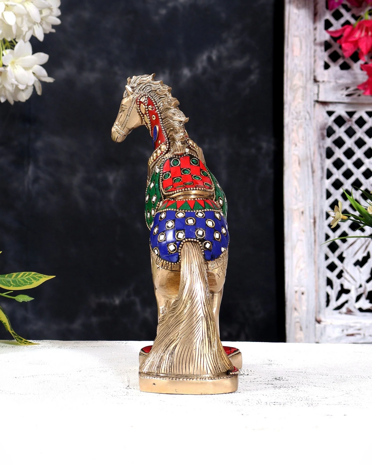 Brassaura® Jumping Horse Vastu Feng Shui Showpiece with Stonework and Pure Brass Finish | Pure Superfine Brass Handcrafted Murti | Brass Statue for Home Temple, Pooja Room | Height 8.5 Inches | Weight 2.36 Kgs