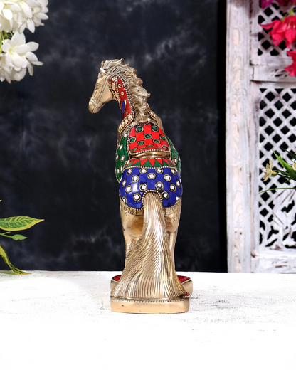 Brassaura® Jumping Horse Vastu Feng Shui Showpiece with Stonework and Pure Brass Finish | Pure Superfine Brass Handcrafted Murti | Brass Statue for Home Temple, Pooja Room | Height 8.5 Inches | Weight 2.36 Kgs