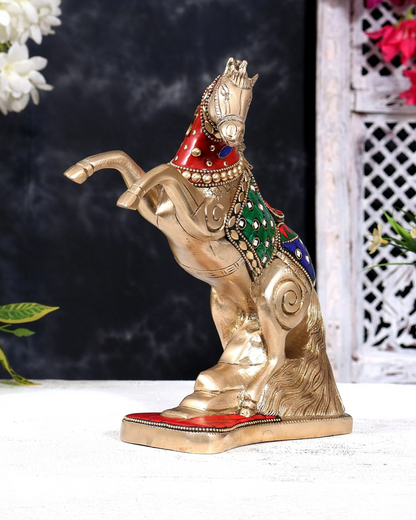 Brassaura® Jumping Horse Vastu Feng Shui Showpiece with Stonework and Pure Brass Finish | Pure Superfine Brass Handcrafted Murti | Brass Statue for Home Temple, Pooja Room | Height 8.5 Inches | Weight 2.36 Kgs