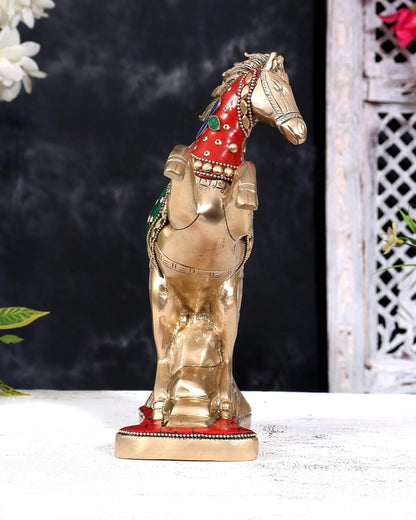 Brassaura® Jumping Horse Vastu Feng Shui Showpiece with Stonework and Pure Brass Finish | Pure Superfine Brass Handcrafted Murti | Brass Statue for Home Temple, Pooja Room | Height 8.5 Inches | Weight 2.36 Kgs
