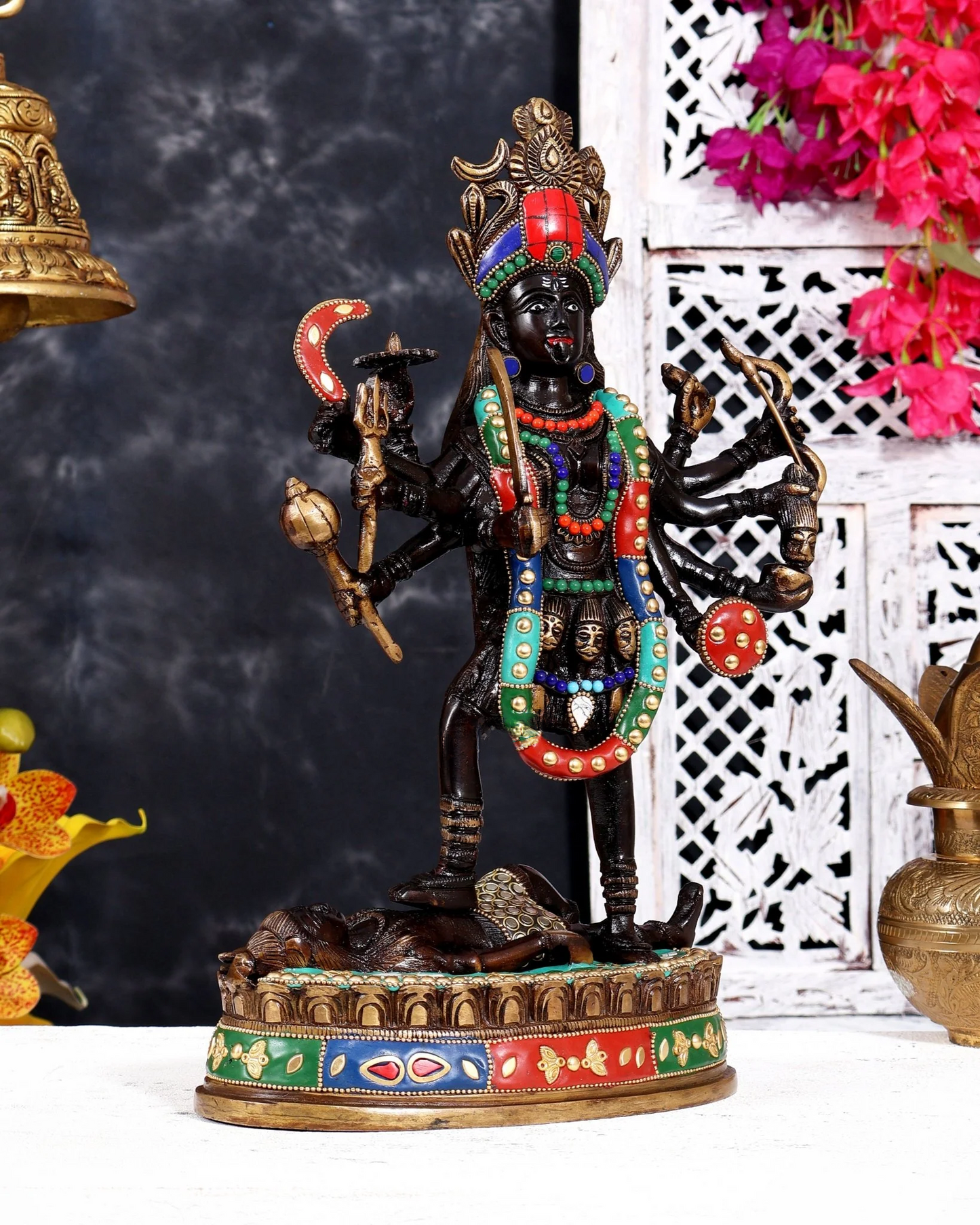 ब्रासोरा® वृंदावन वेणुगोपाल कृष्ण पीतल की प्रतिमा मोर के साथ | एंटीक नीला और सुनहरा रंग | ऊँचाई 20 इंच