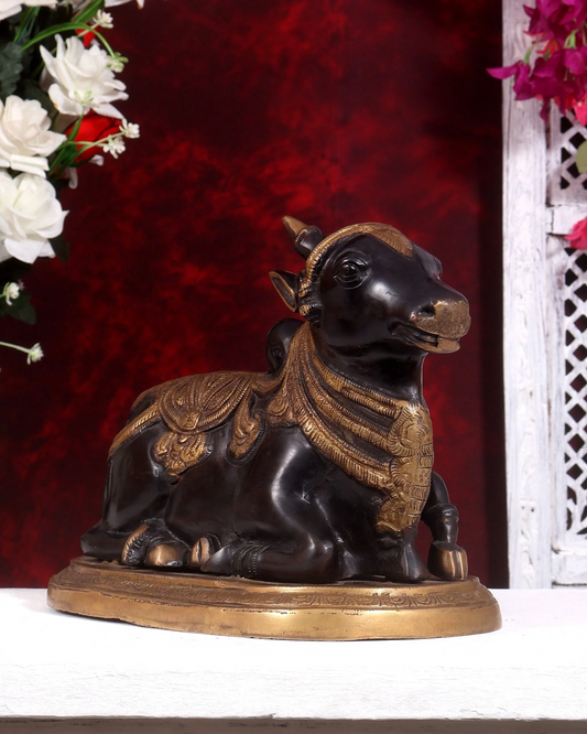 Brassaura® Pure Superfine Brass Handcrafted Nandi Murti | Lord Shiva's Sacred Bull Statue with Traditional Chola-Style Detailing for Home Temple, Pooja Room & Spiritual Décor | 9.5 Inches, 7 Kg