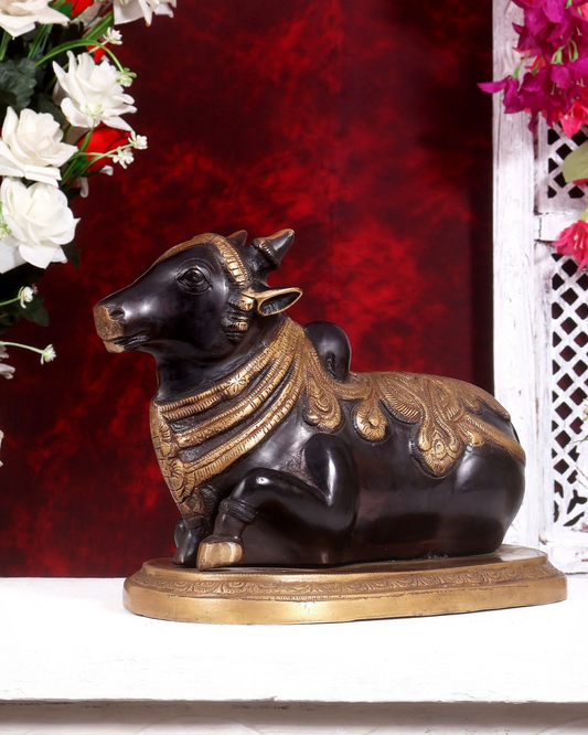 Brassaura® Pure Superfine Brass Handcrafted Nandi Murti | Lord Shiva's Sacred Bull Statue with Traditional Chola-Style Detailing for Home Temple, Pooja Room & Spiritual Décor | 9.5 Inches, 7 Kg