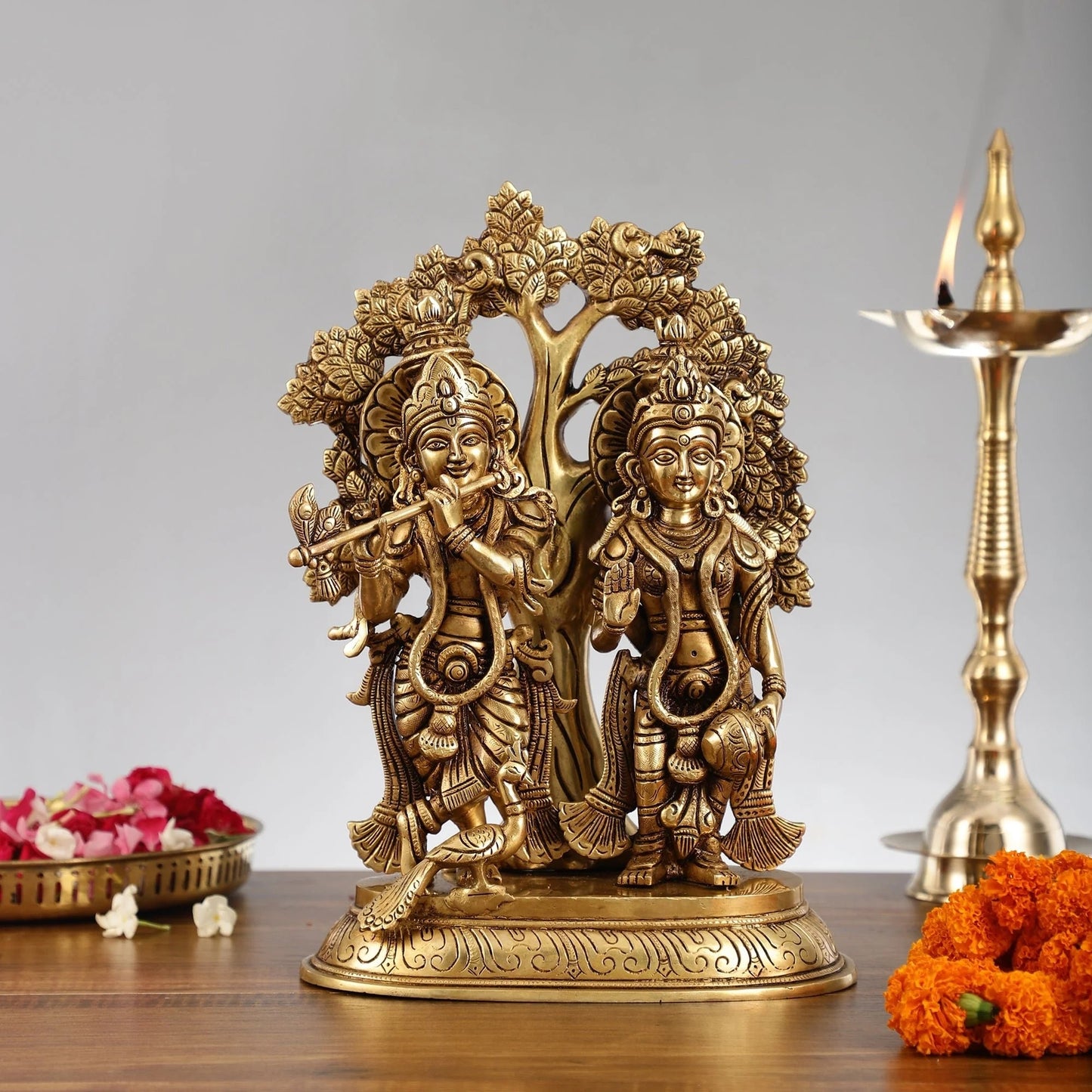 Brassaura™ Superfine Brass Radha Krishna Idols with Kalpavriksha & Peacock – Height 14 Inches & Weight 7.59 Kgs | Devotional Pair