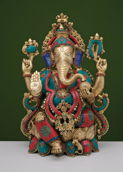 Brassaura™ Meenakari Stonework Ganesha Idol | Height 21 Inches & Weight 21.76 kgs