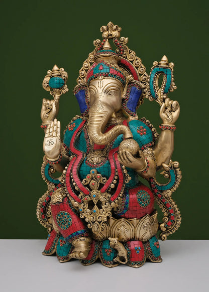 Brassaura™ Meenakari Stonework Ganesha Idol | Height 21 Inches & Weight 21.76 kgs