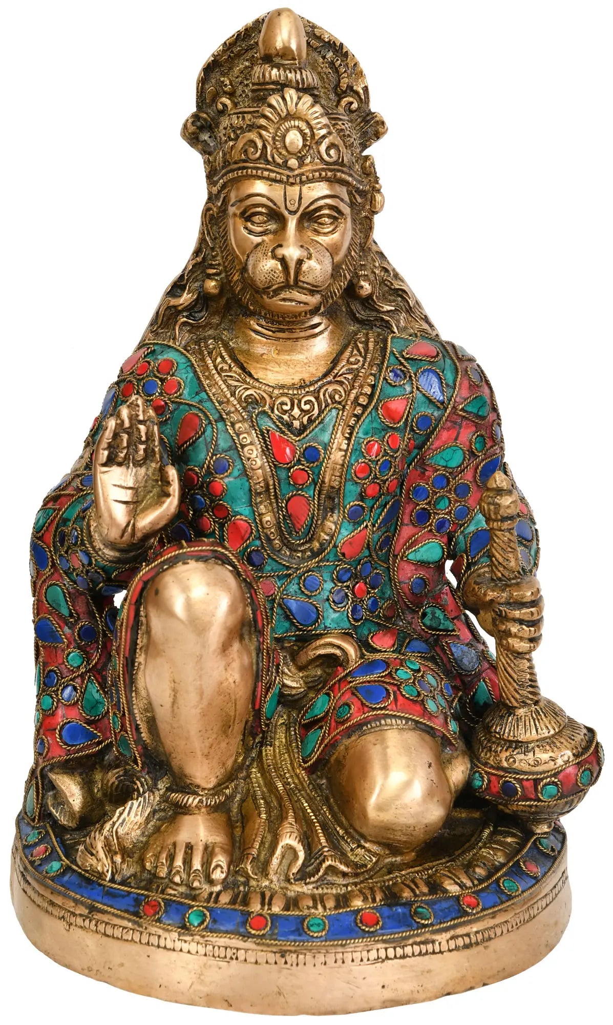 Brassaura® Lord Hanuman with Meenakari Inlay Work | Brass Statue with Intricate Stone Detailing | Height 9.5 Inches & Weight 4 kgs