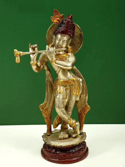 Brassaura® Brass Krishna Statue with Inlay Work | Height 11.02 Inches & Weight 1.98 kg