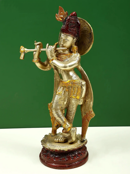 Brassaura® Brass Krishna Statue with Inlay Work | Height 11.02 Inches & Weight 1.98 kg