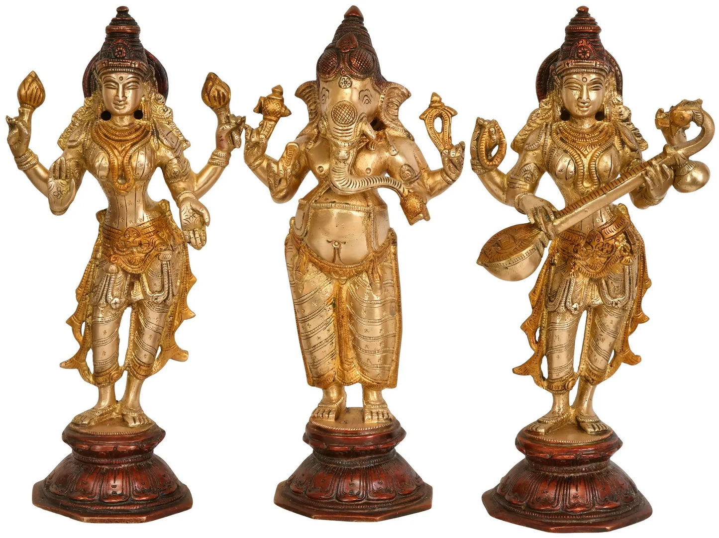 Brassaura® Lakshmi Ganesha Saraswati Brass Idol Set | Height 10.04 Inches & Weight 6.40 kgs