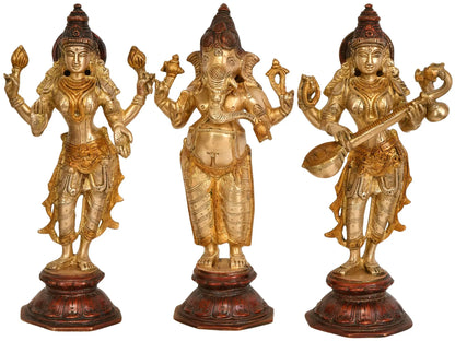 Brassaura® Lakshmi Ganesha Saraswati Brass Idol Set | Height 10.04 Inches & Weight 6.40 kgs