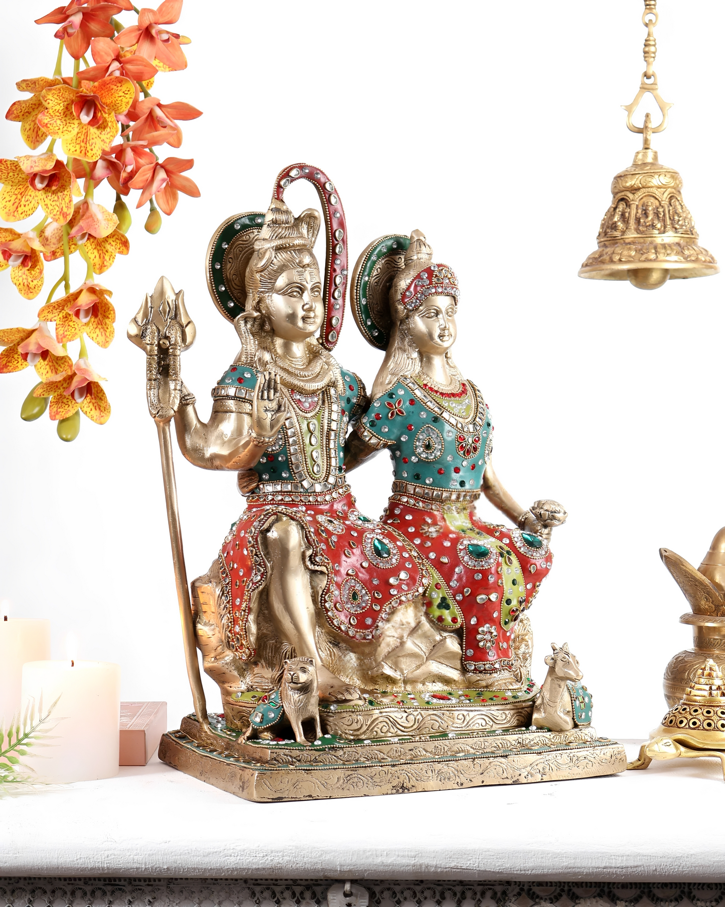Brassaura® Brass Shiva Parvati Sitting on Kailash with Nandi & Lion Statue | Traditional Divine Brass Sculpture | Sacred Brass Idol for Home Temple, Spiritual Décor & Gifting | 18 Inches | 15 Kg