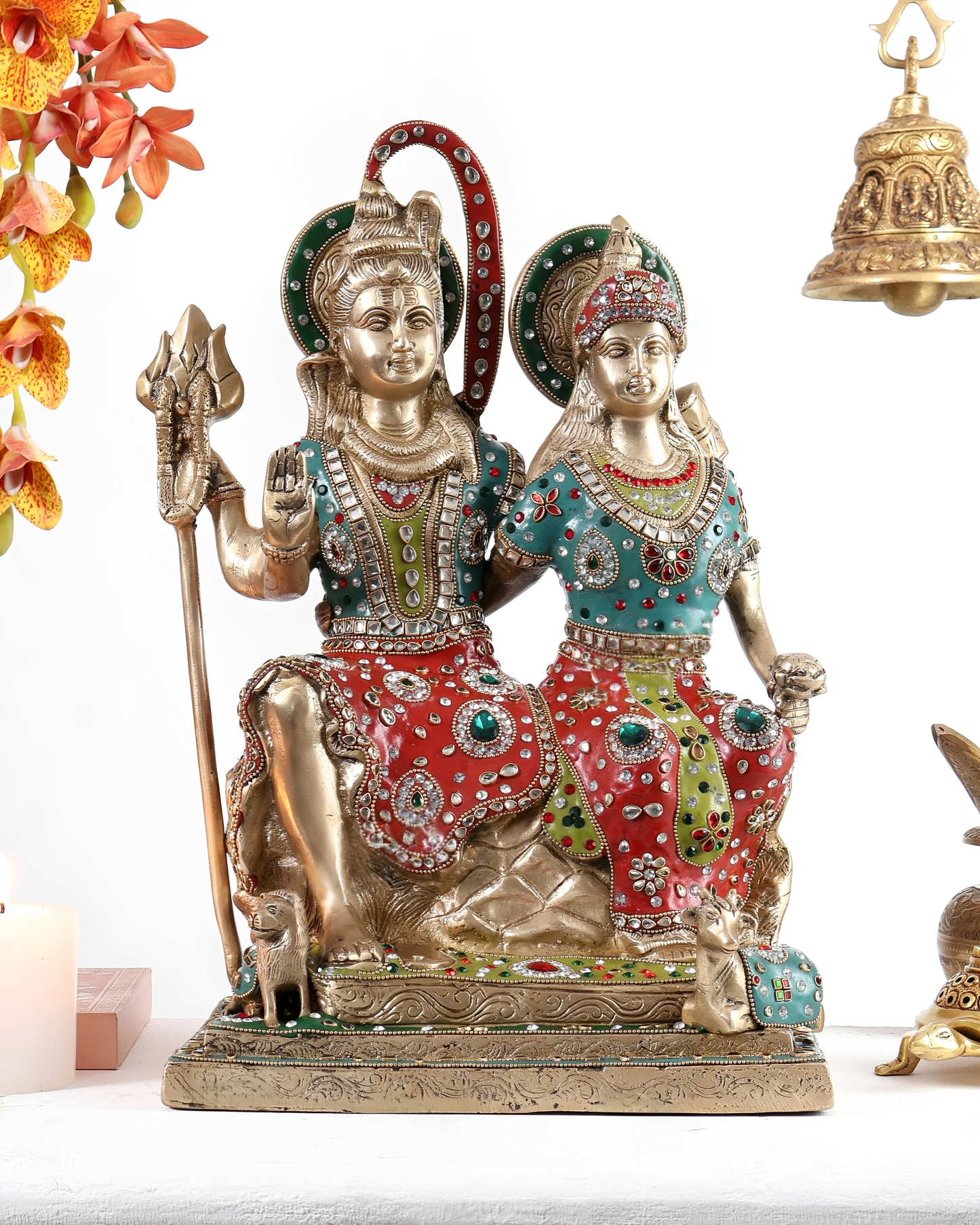 Brassaura® Brass Shiva Parvati Sitting on Kailash with Nandi & Lion Statue | Traditional Divine Brass Sculpture | Sacred Brass Idol for Home Temple, Spiritual Décor & Gifting | 18 Inches | 15 Kg