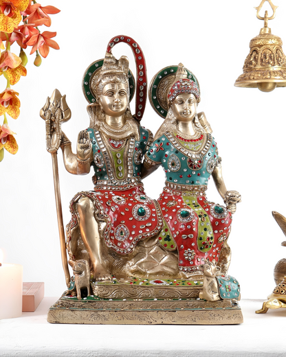 Brassaura® Brass Shiva Parvati Sitting on Kailash with Nandi & Lion Statue | Traditional Divine Brass Sculpture | Sacred Brass Idol for Home Temple, Spiritual Décor & Gifting | 18 Inches | 15 Kg