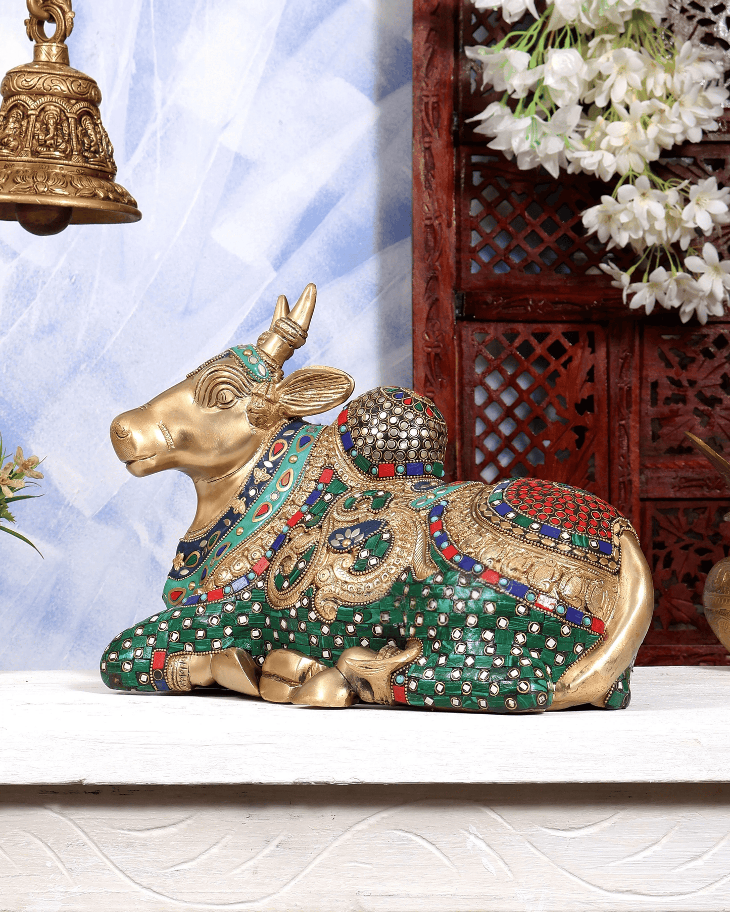 Brassaura® Brass Meenakari Nandi Idol | Handcrafted Sacred Nandi Statue with Stone Work for Home Temple, Shiva Altar & Spiritual Décor | Height 10 Inches | Weight 12 Kgs