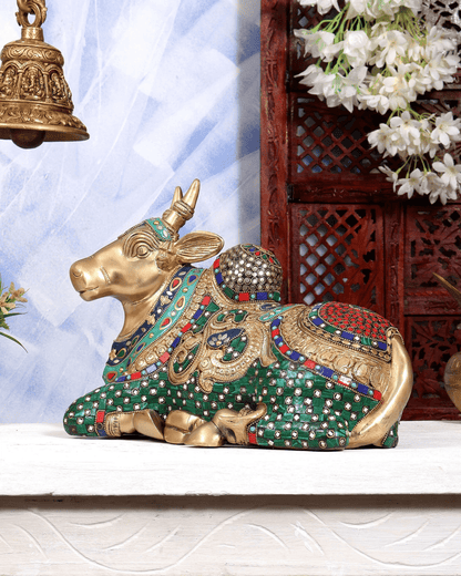 Brassaura® Brass Meenakari Nandi Idol | Handcrafted Sacred Nandi Statue with Stone Work for Home Temple, Shiva Altar & Spiritual Décor | Height 10 Inches | Weight 12 Kgs
