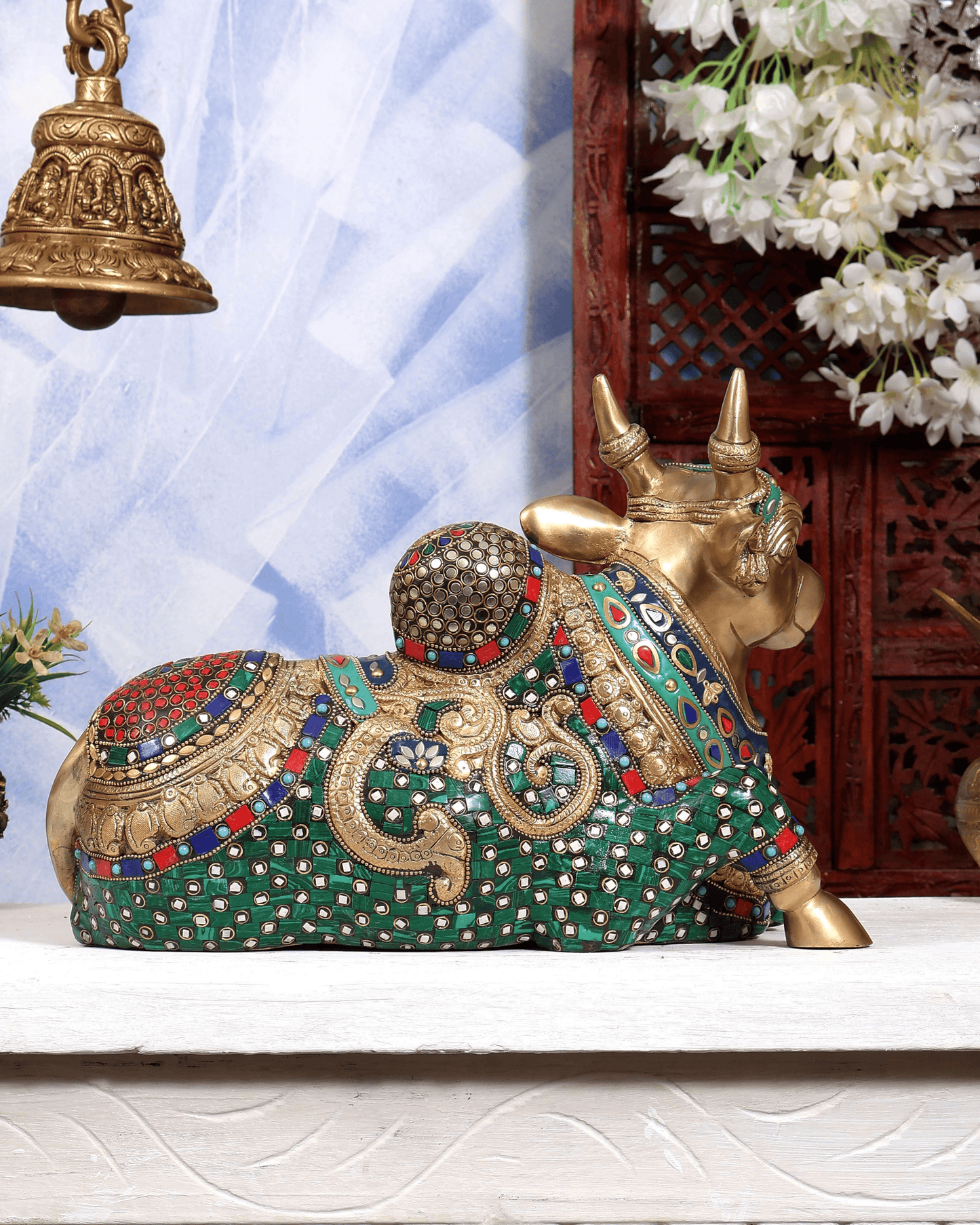 Brassaura® Brass Meenakari Nandi Idol | Handcrafted Sacred Nandi Statue with Stone Work for Home Temple, Shiva Altar & Spiritual Décor | Height 10 Inches | Weight 12 Kgs