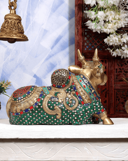 Brassaura® Brass Meenakari Nandi Idol | Handcrafted Sacred Nandi Statue with Stone Work for Home Temple, Shiva Altar & Spiritual Décor | Height 10 Inches | Weight 12 Kgs