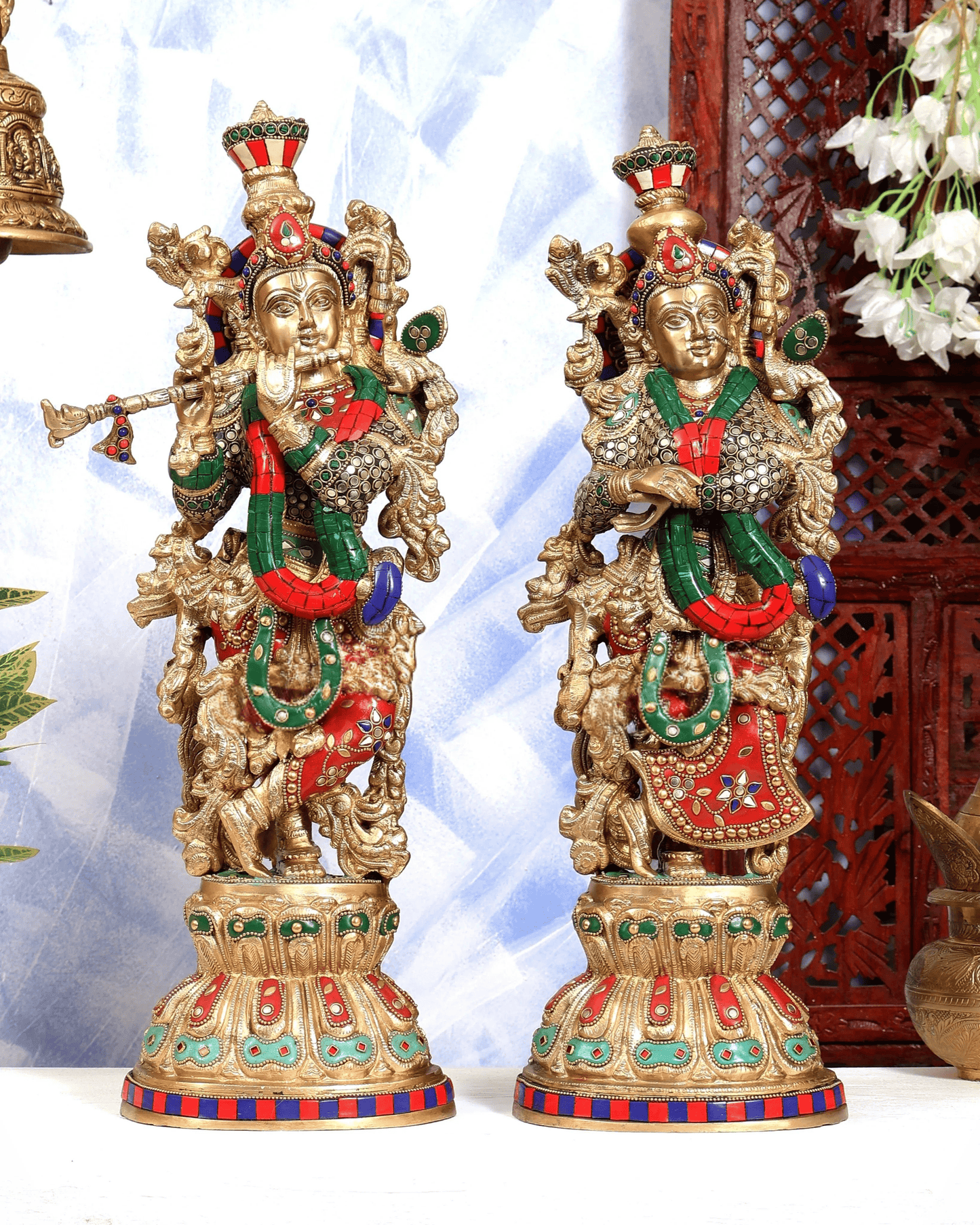 Brassaura® Brass Meenakari Radha Krishna Idol Pair | Handcrafted Stone Work Radha Krishna Statue Set for Home Temple, Living Room & Spiritual Décor | Height 21 Inches | Weight 18 Kgs (Pair)