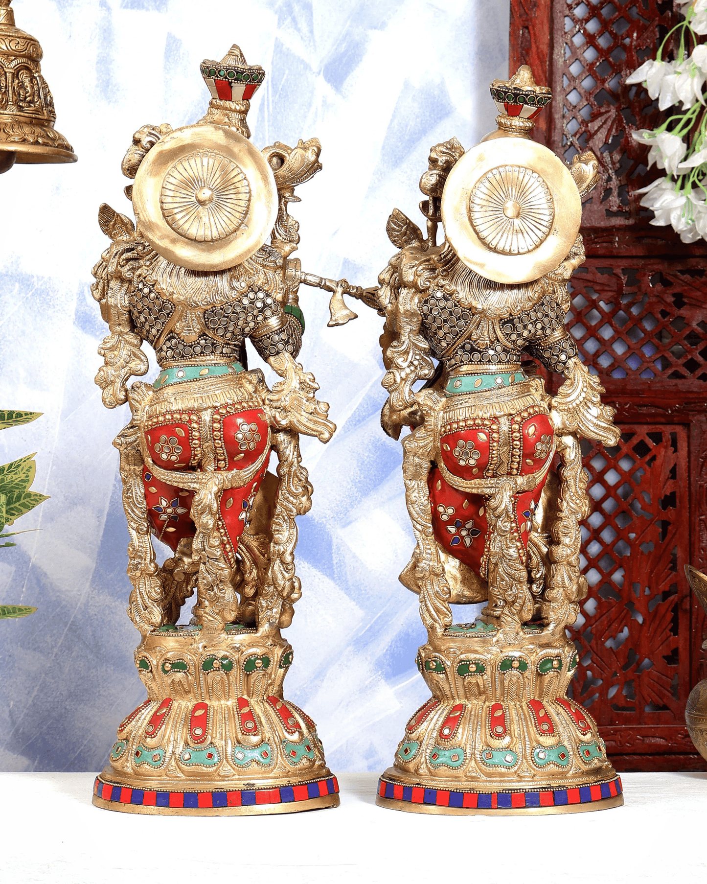 Brassaura® Brass Meenakari Radha Krishna Idol Pair | Handcrafted Stone Work Radha Krishna Statue Set for Home Temple, Living Room & Spiritual Décor | Height 21 Inches | Weight 18 Kgs (Pair)