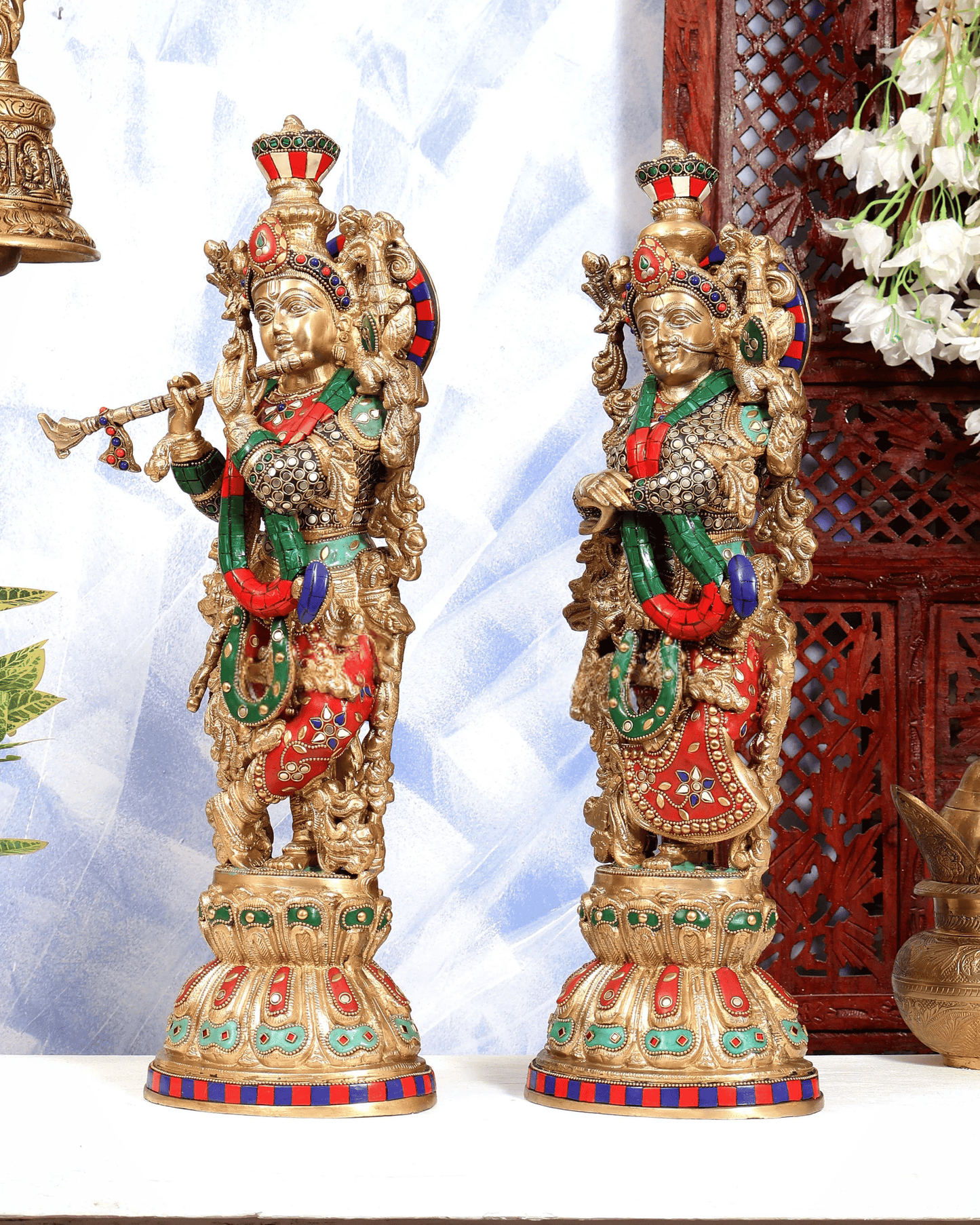 Brassaura® Brass Meenakari Radha Krishna Idol Pair | Handcrafted Stone Work Radha Krishna Statue Set for Home Temple, Living Room & Spiritual Décor | Height 21 Inches | Weight 18 Kgs (Pair)