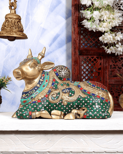 Brassaura® Brass Meenakari Nandi Idol | Handcrafted Sacred Nandi Statue with Stone Work for Home Temple, Shiva Altar & Spiritual Décor | Height 10 Inches | Weight 12 Kgs