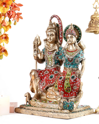 Brassaura® Brass Shiva Parvati Sitting on Kailash with Nandi & Lion Statue | Traditional Divine Brass Sculpture | Sacred Brass Idol for Home Temple, Spiritual Décor & Gifting | 18 Inches | 15 Kg