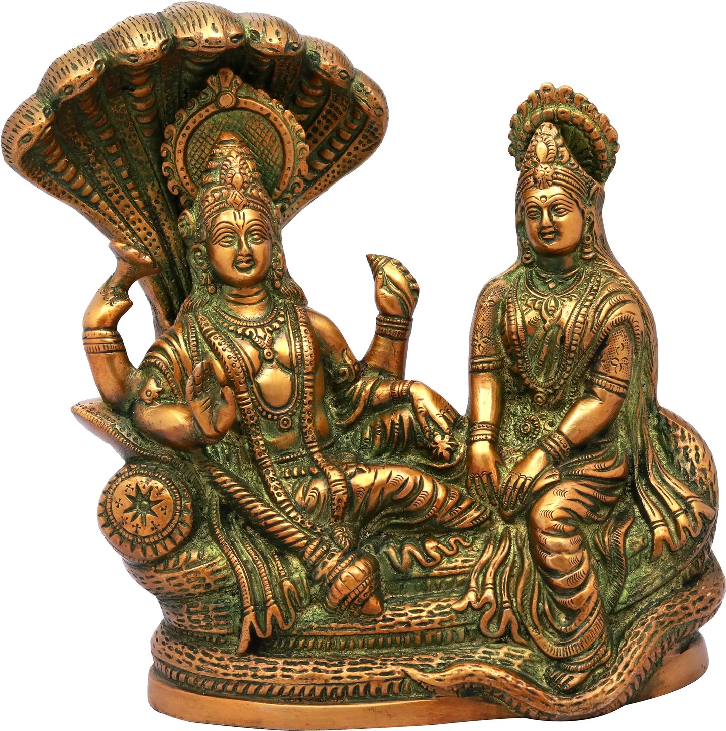Brassaura® Vishnu Lakshmi Sheshnaag Seated Brass Sculpture | Brass | Height 8.7 Inches & Weight 3.30 kgs