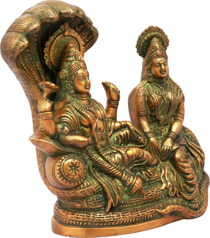 Brassaura® Vishnu Lakshmi Sheshnaag Seated Brass Sculpture | Brass | Height 8.7 Inches & Weight 3.30 kgs