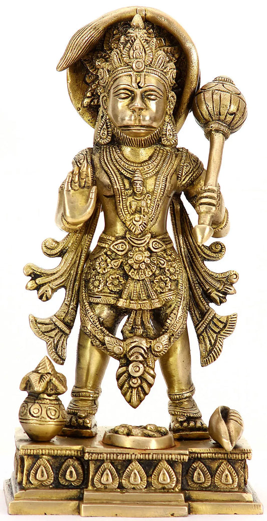 ब्रासौराह® खड़े हनुमान गदा के साथ | प्राकृतिक पीतल फ़िनिश | ऊंचाई 10 इंच और वज़न 2.50 किग्रा