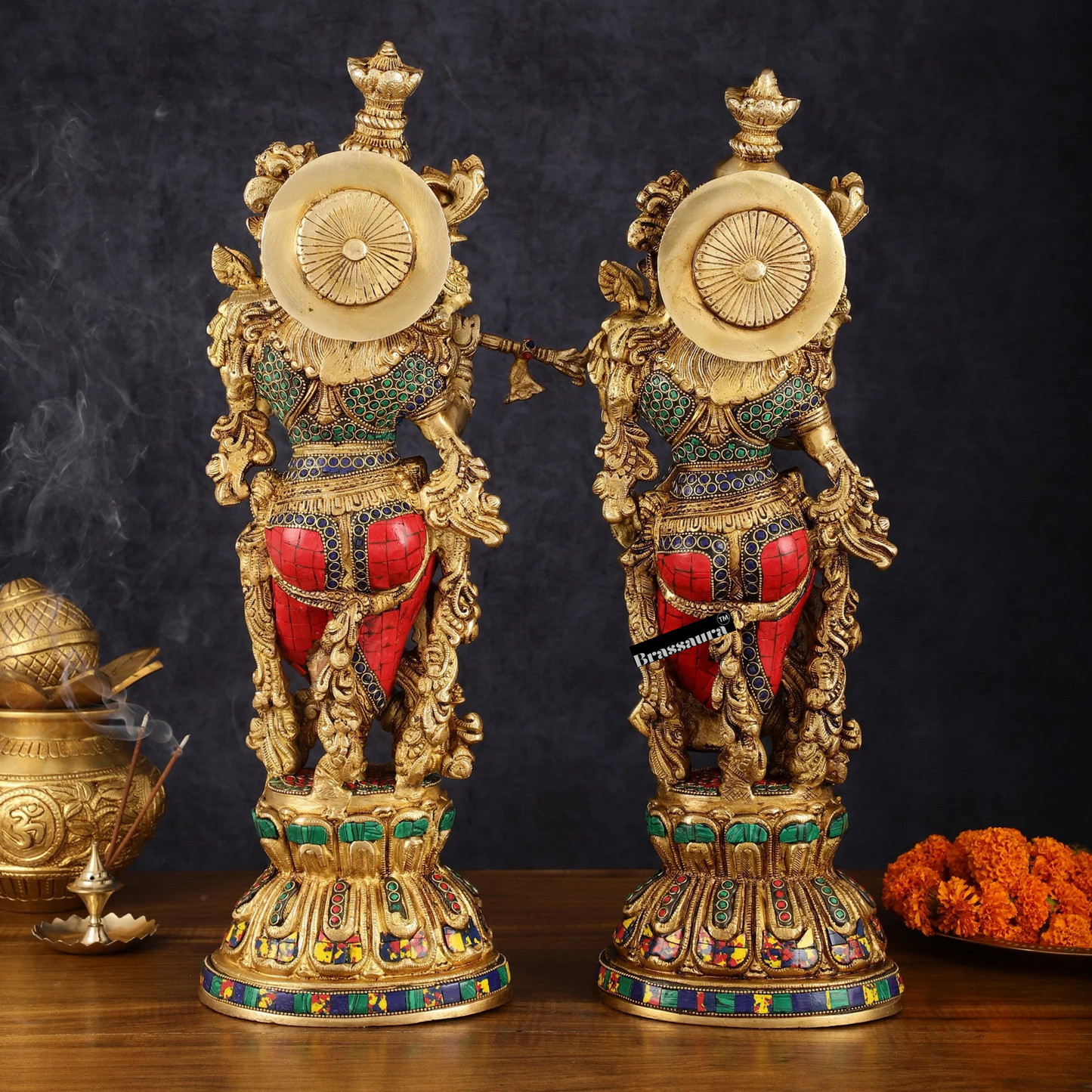 Brassaura™ Brass Radha Krishna Statue Pair – Height 21 Inches & Weight 18 Kgs | Handcrafted Devotional Idol