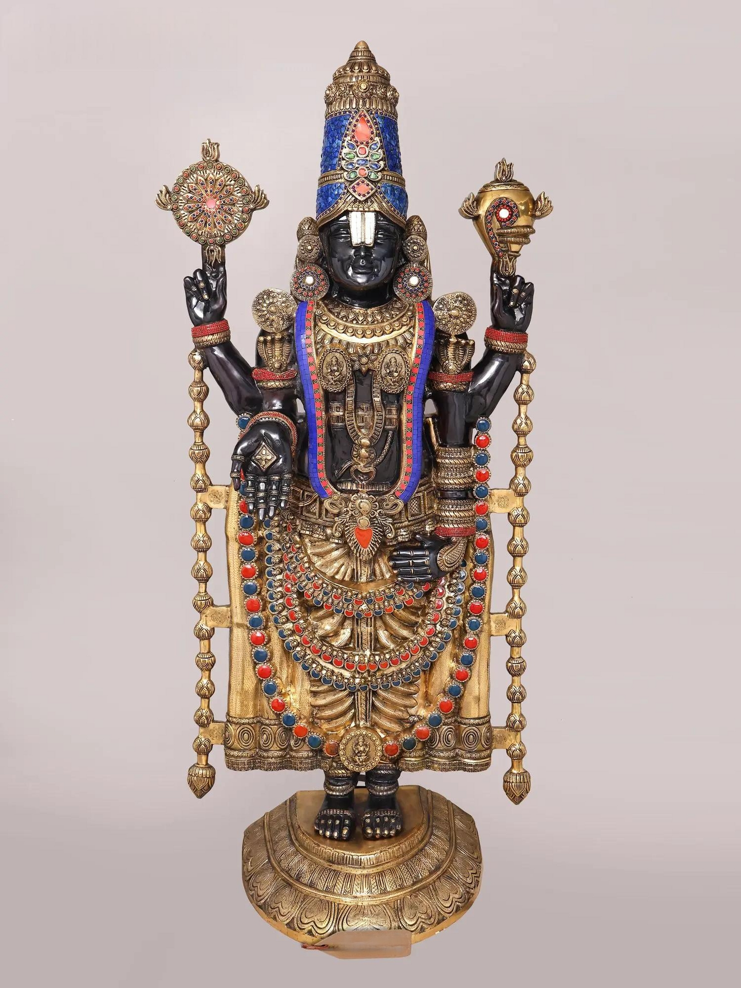 Brassaura® Tirupati Balaji Standing Idol with Black & Gold Colour and Colourful Stone Finish | Pure Superfine Brass Handcrafted Murti | Brass Statue for Home Temple, Pooja Room | Height 67 Inches | Weight 104 Kgs